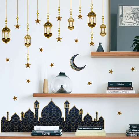 Ramadan Eid Mubarak Wall Stickers PVC Mosque Silhouette Moon Star Lantern Decals For Living Room Bedroom Decoration