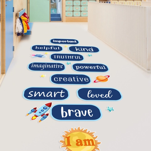 Positive Affirmations Space Astronaut Floor Wall Stickers Self-Adhesive PVC Decals For Kids Playroom Classroom Decor