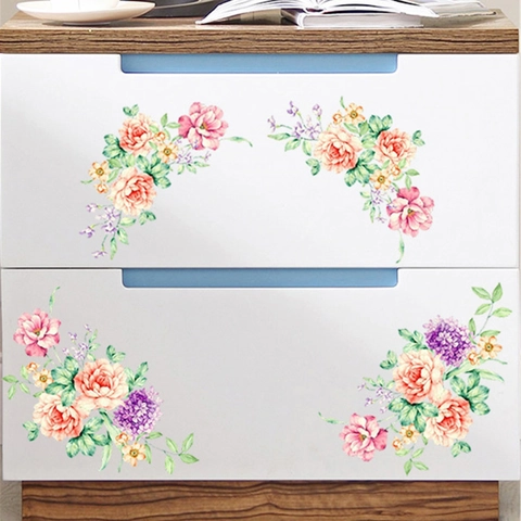 Watercolor Floral Wall Sticker Peony Rose Hydrangea Pattern PVC Self-Adhesive Decal For Fridge Wardrobe Toilet Seat Bathroom Decor