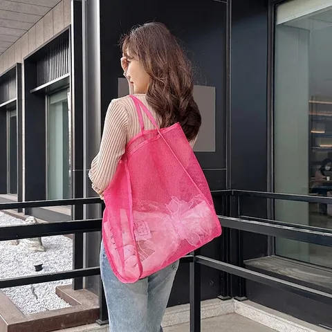 Large Capacity Mesh Tote Bag Solid Color Breathable Lightweight Zipper Shoulder Handbag For Women Shopping Beach