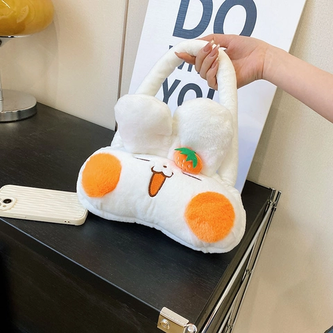 Borsa a Mano in Peluche a Forma di Cartone Animato in Stile Giapponese per Donna Ragazza Design Animale Bianco Morbida Pelliccia Sintetica Piccola Borsa Tote