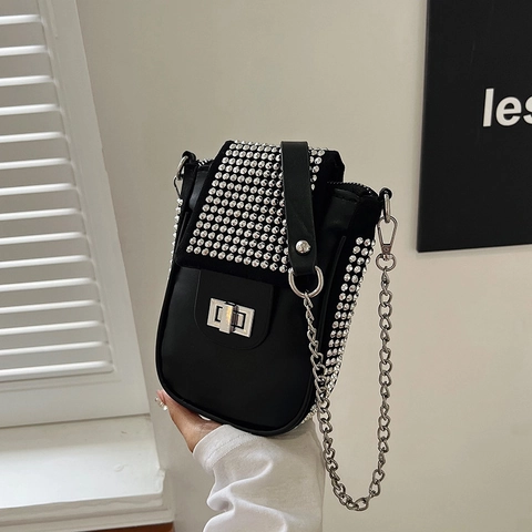 Mini Crossbody Phone Bag For Women PU Leather Rhinestone Studded Vertical Square Small Shoulder Purse With Chain Strap Twist Lock