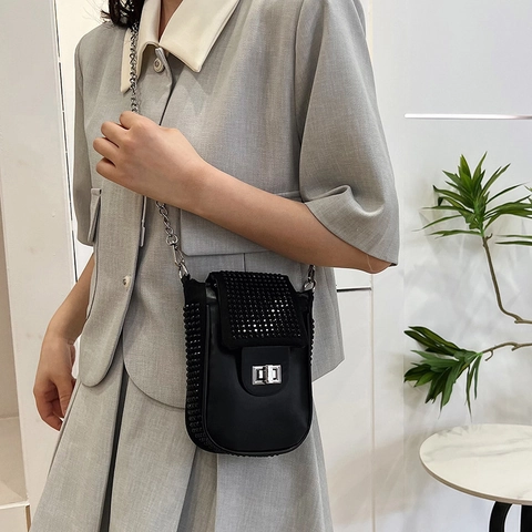 Mini Crossbody Phone Bag For Women PU Leather Rhinestone Studded Vertical Square Small Shoulder Purse With Chain Strap Twist Lock
