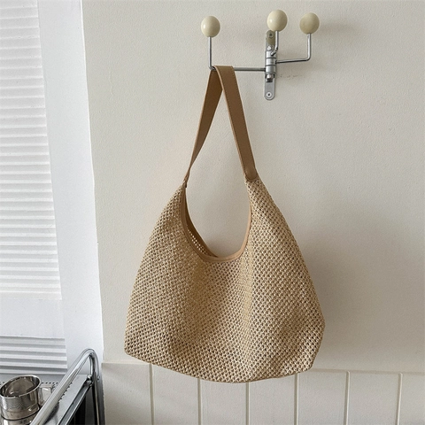 Large Capacity Straw Woven Tote Bag Women Summer Beach Hobo Shoulder Bag Casual Weaving Minimalist Travel Handbag