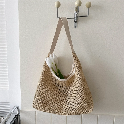 Large Capacity Straw Woven Tote Bag Women Summer Beach Hobo Shoulder Bag Casual Weaving Minimalist Travel Handbag