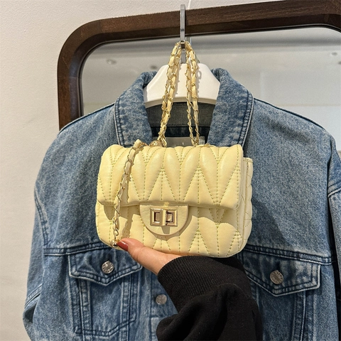 Bolso de Bandoulière Acolchado con Cadena de Moda para Mujer Cuero de PU Patrón de Rombos Bolso Cuadrado Pequeño