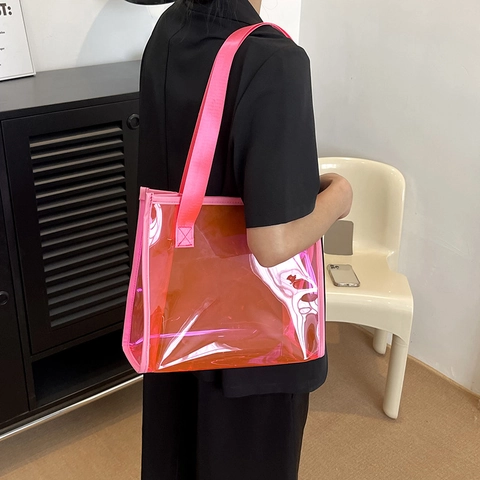 Women's Fashion Transparent PVC Tote Bag Wavy Pattern Waterproof Clear Shoulder Handbag For Summer Beach Shopping Lady Daily Bag