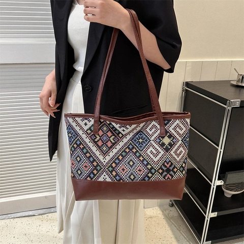Dames Etnisch Geometrisch Geweven Tote Tas Vintage Boheems Splitsen PU Leer Grote Capaciteit Woon-werkverkeer Schoudertas Reishandtas