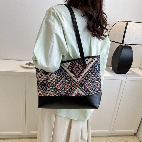 Dames Etnisch Geometrisch Geweven Tote Tas Vintage Boheems Splitsen PU Leer Grote Capaciteit Woon-werkverkeer Schoudertas Reishandtas