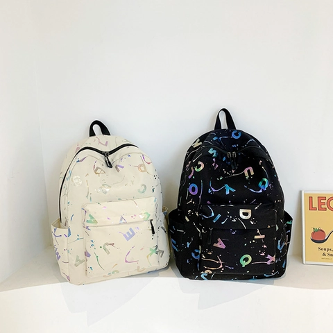 Fashion Women School Backpack Large Capacity Nylon Travel Bag Colorful Letter Print Laser Effect Student Bookbag