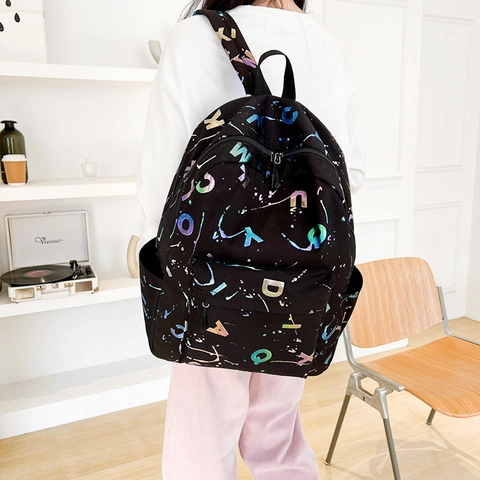 Fashion Women School Backpack Large Capacity Nylon Travel Bag Colorful Letter Print Laser Effect Student Bookbag