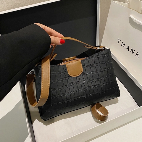 Borsa A Spalla Da Donna In Pelle PU Con Motivo Coccodrillo Borsa A Mano Retro Bicolore Con Tracolla Rimovibile