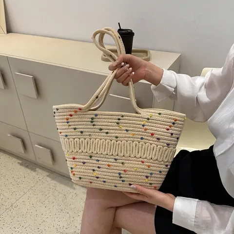 Women Woven Tote Bag Summer Beach Handbag Bicolor Contrast Wave Texture Large Capacity Shoulder Bag Casual Vacation Travel