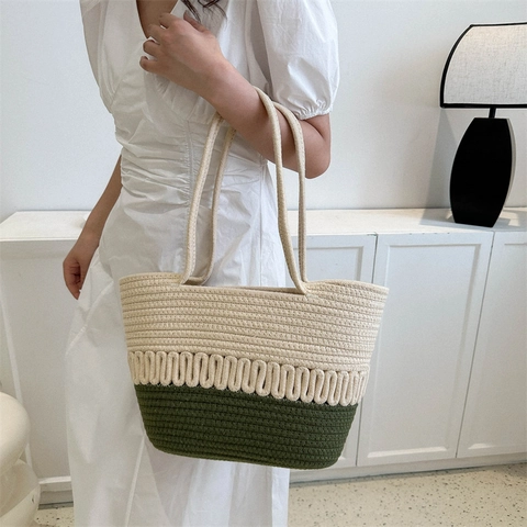 Women Woven Tote Bag Summer Beach Handbag Bicolor Contrast Wave Texture Large Capacity Shoulder Bag Casual Vacation Travel