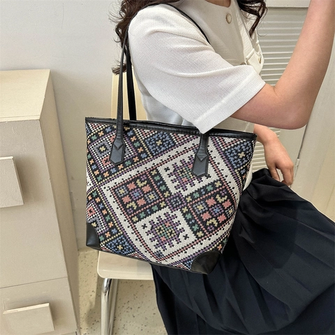Bolso Tote Grande De Axila Lona Tejida Étnica Jacquard Patrón Geométrico Bolso De Hombro Retro Para Mujeres