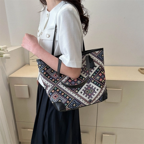 Bolso Tote Grande De Axila Lona Tejida Étnica Jacquard Patrón Geométrico Bolso De Hombro Retro Para Mujeres