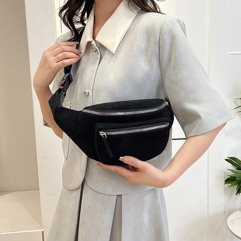Corduroy Women Waist Bag Casual Crossbody Chest Bag Double Zipper Adjustable Strap Solid Color Fashion Student Sporty