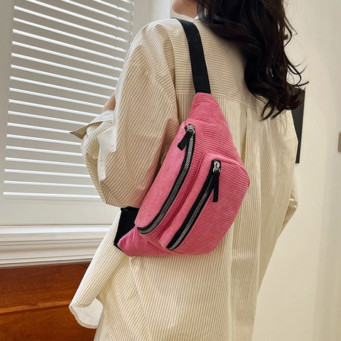 Corduroy Women Waist Bag Casual Crossbody Chest Bag Double Zipper Adjustable Strap Solid Color Fashion Student Sporty