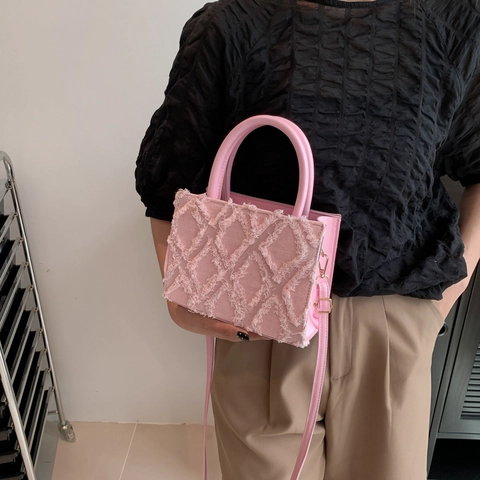 Damen Rautenmuster Kleine Quadratische Tasche PU Leder Ausgefranstes Design Schulter Umhängetasche Mit Griff Mode Handtasche