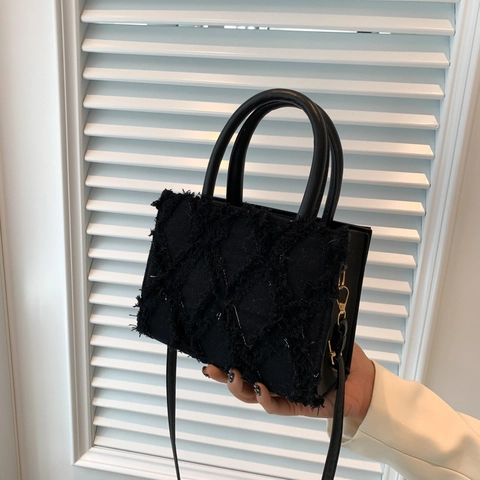 Damen Rautenmuster Kleine Quadratische Tasche PU Leder Ausgefranstes Design Schulter Umhängetasche Mit Griff Mode Handtasche