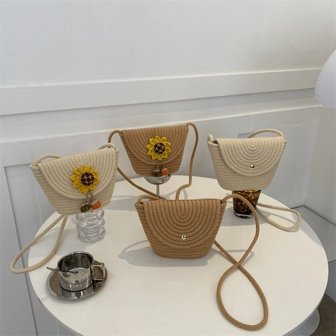 Borsa a Tracolla da Donna Intrecciata con Girasole Borsa a Secchiello in Paglia Casual Vacanza Beige Cachi Stile Artigianale