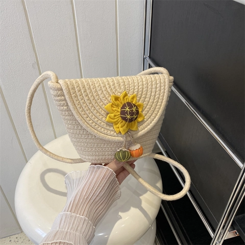 Borsa a Tracolla da Donna Intrecciata con Girasole Borsa a Secchiello in Paglia Casual Vacanza Beige Cachi Stile Artigianale
