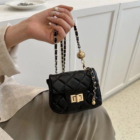 Bolso de Hombro Acolchado Mini para Mujer Cuero PU Patrón Rombos Bolso Bandolera Cadena con Bola de Oro Ajustable