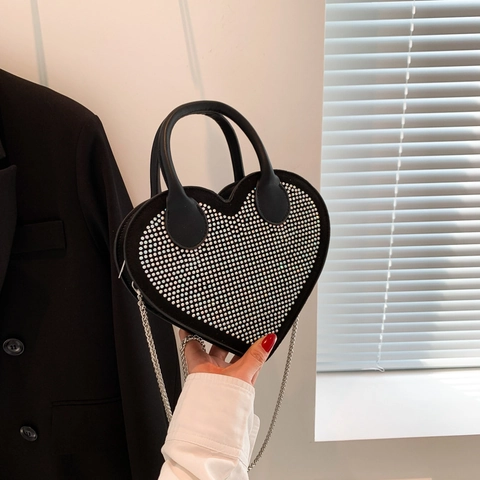 Damen Trendy Herzförmige Strass Umhängetasche Kleine PU Leder Glitzernde Schultertasche Mit Metallkette Doppelgriff