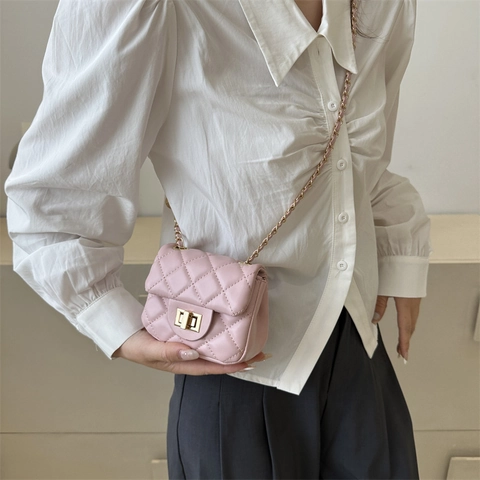 Bolso de Hombro Acolchado Mini para Mujer Cuero PU Patrón Rombos Bolso Bandolera Cadena con Bola de Oro Ajustable
