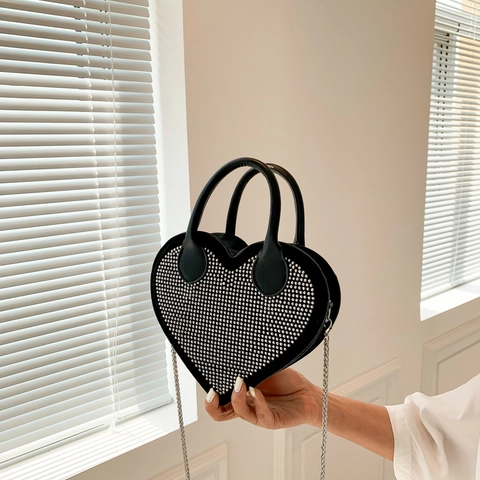 Damen Trendy Herzförmige Strass Umhängetasche Kleine PU Leder Glitzernde Schultertasche Mit Metallkette Doppelgriff