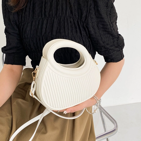 Bolso De Hombro De Cuir PU Para Mujer Con Asa Redonda Textura Plisada Vertical De Nervaduras Bolso De Mano Elegante