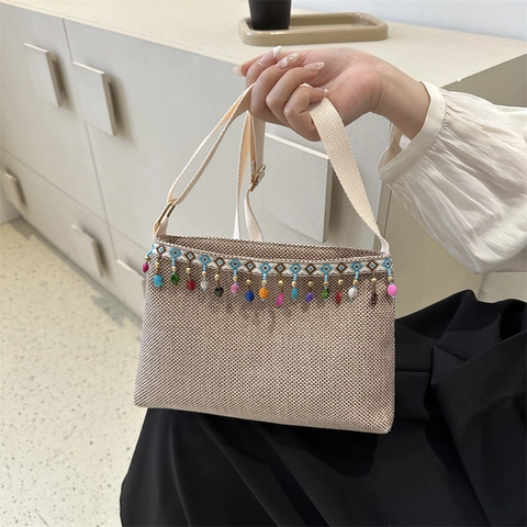 Bohemian Ethnic Woven Linen Crossbody Bag For Women Vintage Style Shoulder Bag With Colorful Beaded Tassels And Embroidery