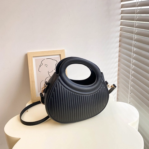 Bolso De Hombro De Cuir PU Para Mujer Con Asa Redonda Textura Plisada Vertical De Nervaduras Bolso De Mano Elegante
