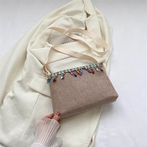 Bohemian Ethnic Woven Linen Crossbody Bag For Women Vintage Style Shoulder Bag With Colorful Beaded Tassels And Embroidery