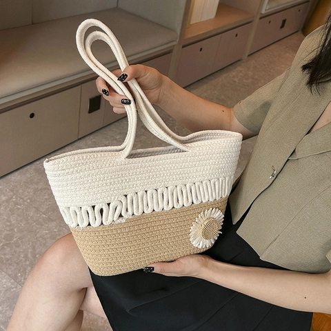 Borsa A Spalla Intrecciata Da Donna Grande Capacità Corda Di Cotone Spiaggia Estate Vacanze Borsa A Mano Decorazione Margherita