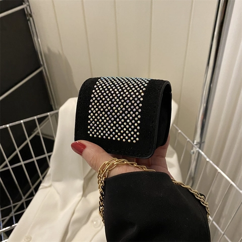 Mini PU Leather Rhinestone Crossbody Bag For Women Luxury Shimmering Chain Shoulder Bag Small Square Lipstick Earphone Purse Daily Fashion Handbag