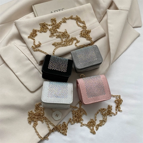 Mini PU Leather Rhinestone Crossbody Bag For Women Luxury Shimmering Chain Shoulder Bag Small Square Lipstick Earphone Purse Daily Fashion Handbag
