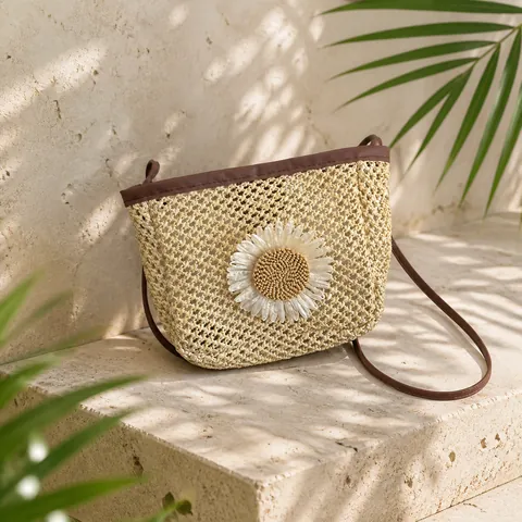 Zomer Stro Geweven Crossbody Tas Voor Vrouwen Kleine Verse Madeliefje Decor Schoudertas Vakantie Strand Reizen Handgemaakte Messenger Portemonnee
