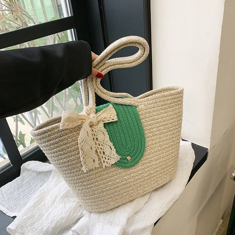 Damen Gewebte Tragetasche Große Kapazität Stroh Handtasche Mit Spitzenschleife Kontrast Klappe Für Strand Sommerurlaub