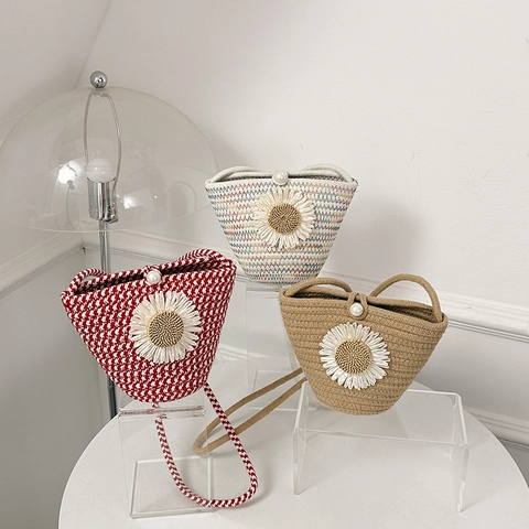 Mini Sac Seau en Paille pour Femmes Tissé à Fleurs Sac à Bandoulière Doux Pastoral Vacances Plage Avec Décoration en Perle
