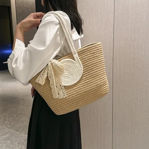 Bolso Tote Tejido Para Mujer Con Pañuelo Y Lazo De Encaje Gran Capacidad Vacaciones De Verano Bolso De Hombro Casual