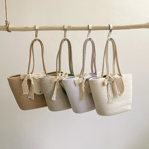 Große Kapazität Stroh Tragetasche Für Damen Strand Urlaub Stil Eimer Handtasche Mit Spitze Schleife Band