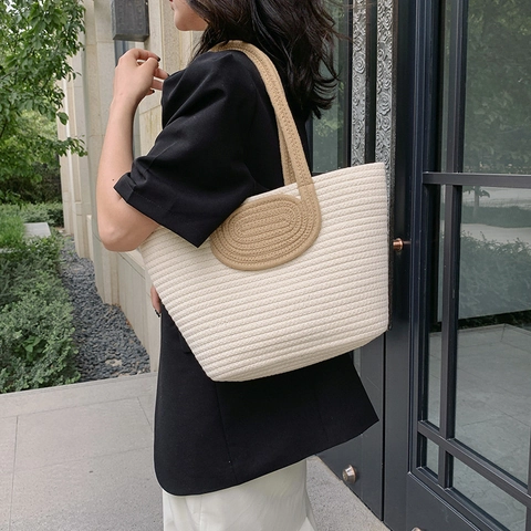 Bolso Tote Tejido Para Mujer Con Pañuelo Y Lazo De Encaje Gran Capacidad Vacaciones De Verano Bolso De Hombro Casual