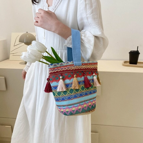 Ethnische Gewebte Segeltuch Beuteltasche Boho Vintage Handtasche Mit Quasten Geometrische Muster Damen Urlaub Reise Tote