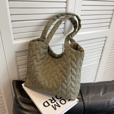 Bolso de Mano Acolchado de Gran Capacidad para Mujer Bolso de Hombro de Tela Oxford Patrón de Hojas Casual Moda Blanda