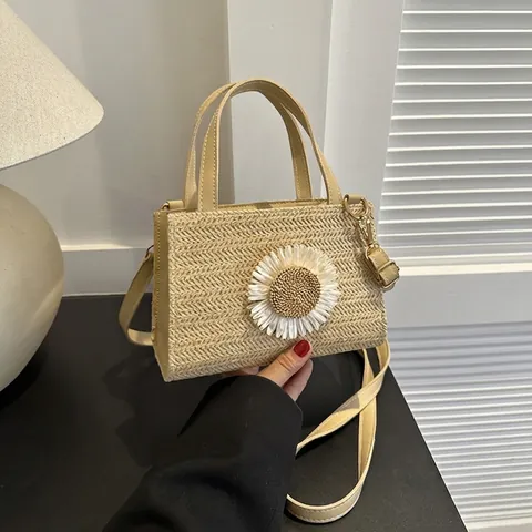 Sac à Main en Paille Tissée Tournesol pour Femmes Sac à Bandoulière Marguerite Petit Carré Vacances Plage Fourre-Tout