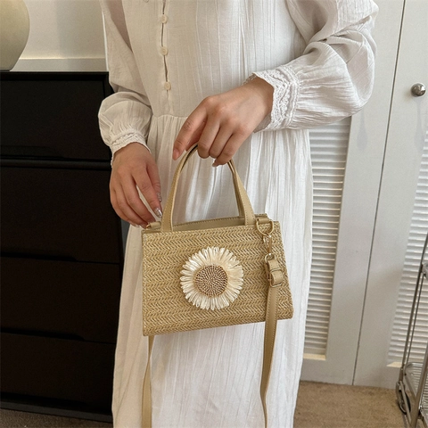 Sac à Main en Paille Tissée Tournesol pour Femmes Sac à Bandoulière Marguerite Petit Carré Vacances Plage Fourre-Tout