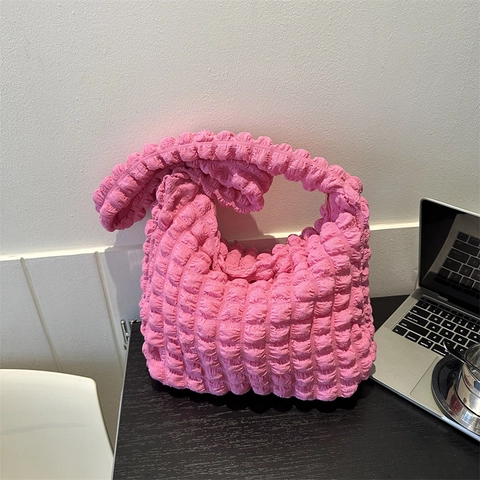Bolso de Hombro con Pliegues Popcorn Bubble para Mujer Nailon Color Sólido Minimalista Bolso de Axila Moda Hobo Bolso de Mano Casual