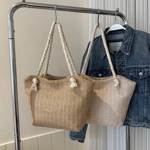 Borsa Tote in Paglia Estiva da Donna Tessitura a Spina di Pesce Grande Capacità Con Manico in Corda di Cotone e Nappa Mare