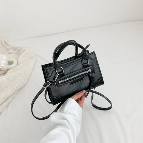 Minibolso de Bandolera de Cuero de PU para Mujer Bolso Cuadrado Pequeño de Moda Coreana con Borla y Cremallera Color Sólido